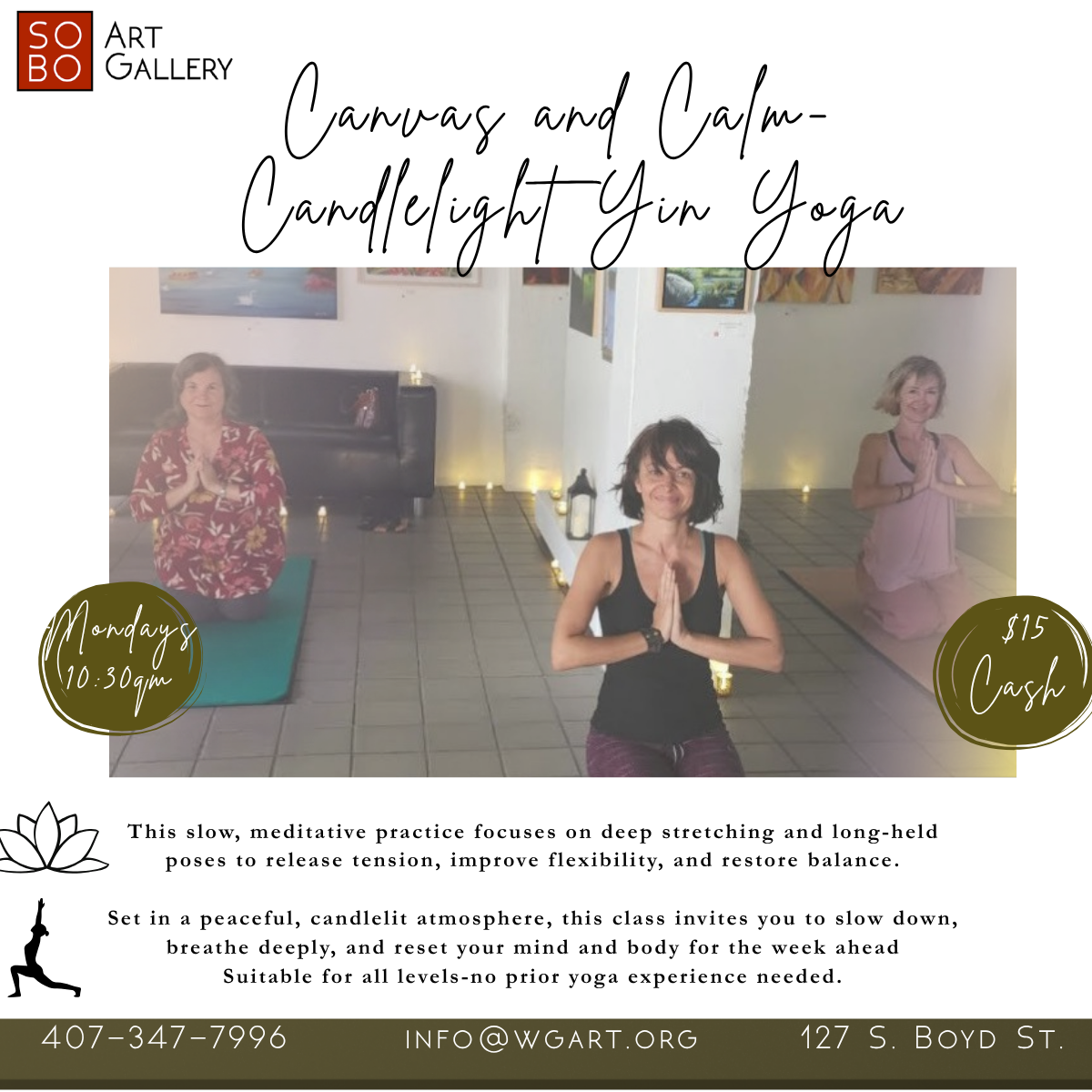 Mondays 10:30AM Canvas and Calm, Candlelight Yin Yoga