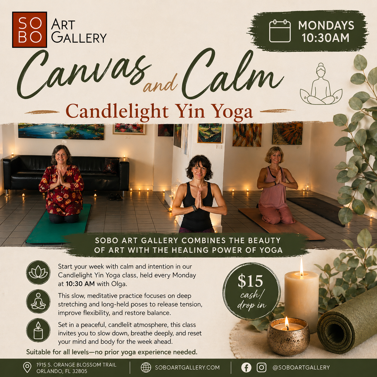 Mondays 10:30AM Canvas and Calm, Candlelight Yin Yoga